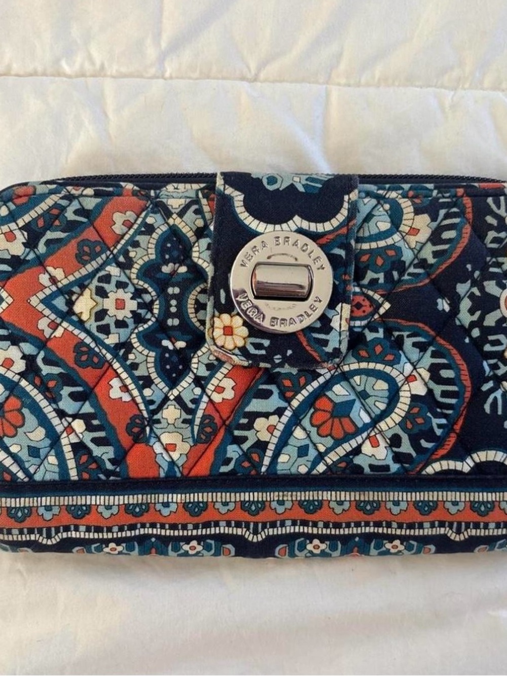 Vera Bradley Quilted Wallet in Navy, Teal, and Orange Paisley